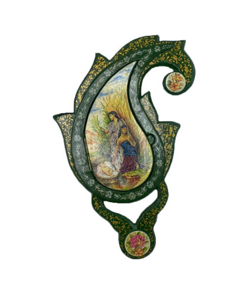 Boteh Jegheh-shaped mirror with door – Papier-mâché – Prophet Moses in cradle design – Code 102004