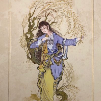 Miniature Painting on Cardboard – Safavid Style – Girl Among Willow Trees – Code 1030074