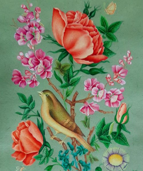 Miniature Painting on Paper – Flower and Bird – Code 1030358